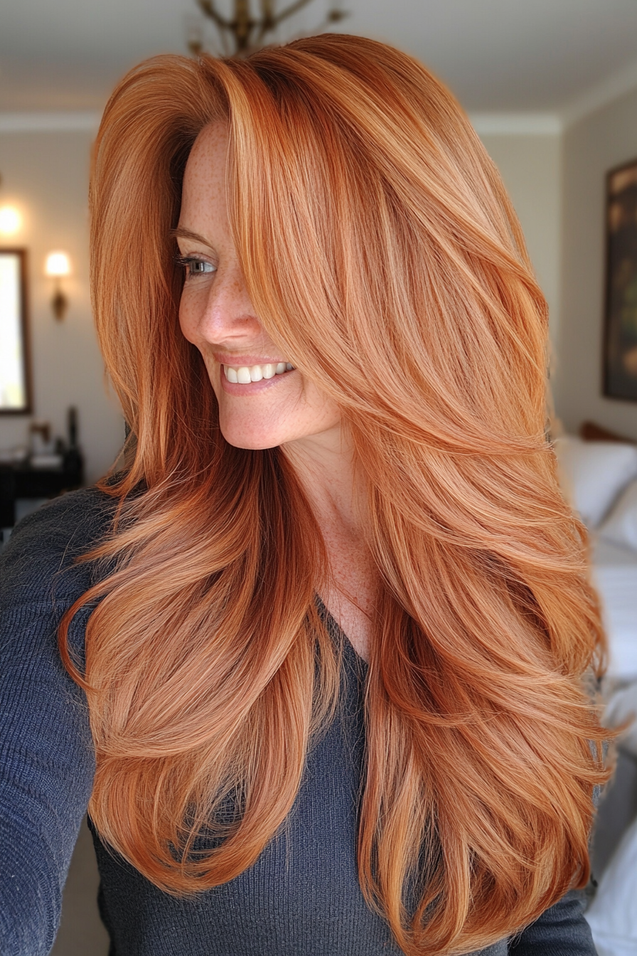 22. Lang gefiederte Schichten im leichten Auburn (Hüftfrisuren für Frauen über 50) - Hüftfrisuren für Frauen über 50