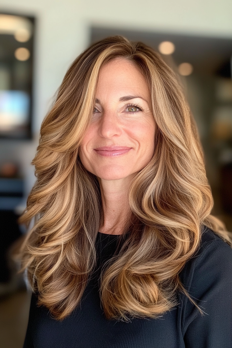 22. Lange geschichtete Wellen in hellbraunem (Haarschnitten für Frauen über 60 mit welligen Haaren) - Haarschnitte für Frauen über 60 mit welligen Haaren