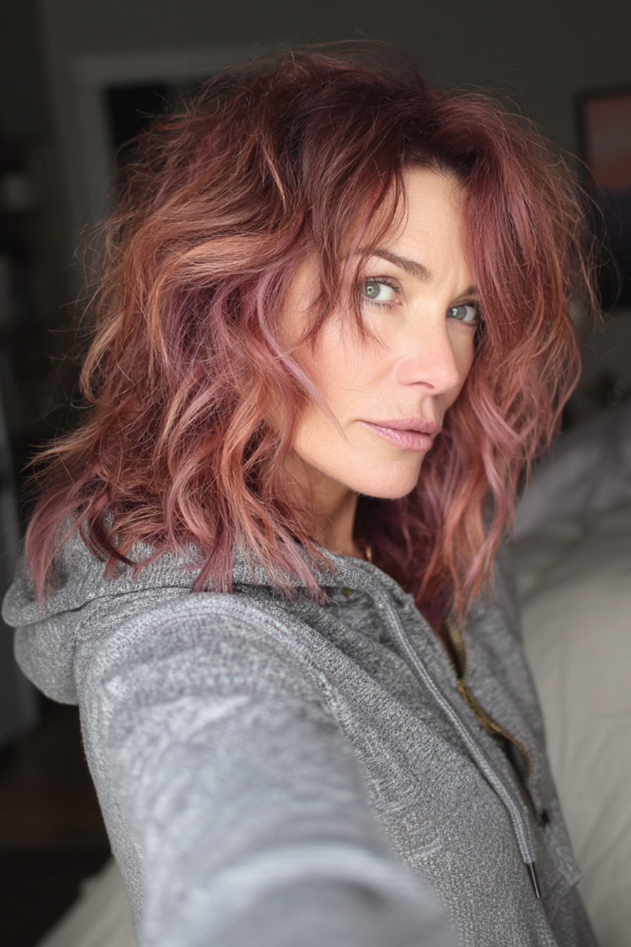 22. Langer Shag mit staubigen rosafarbenen Highlights (Unordentliche Frisuren für Frauen über 50) – Unordentliche Frisuren für Frauen über 50