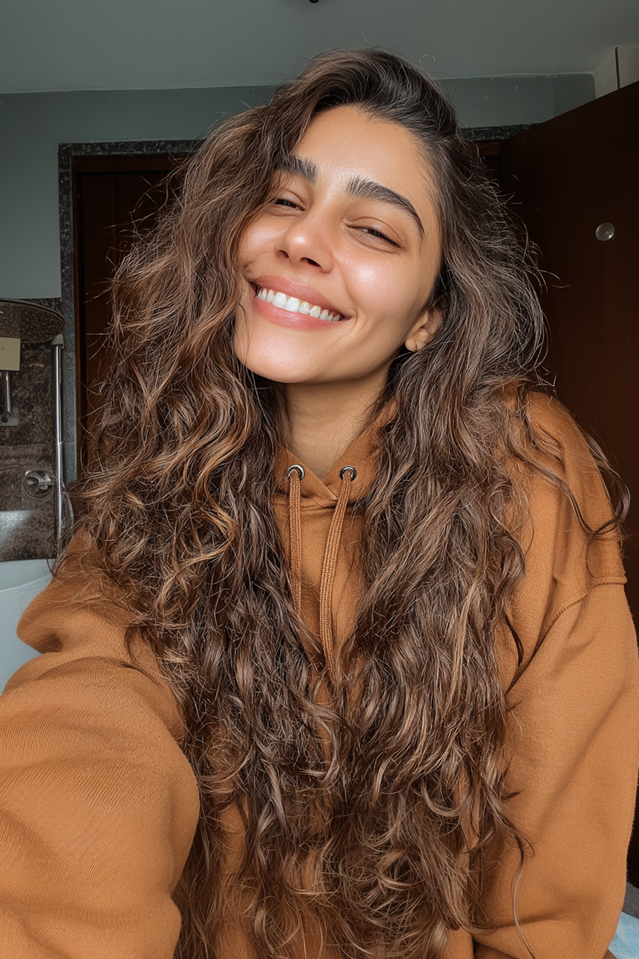 22. lang geformte Schichten in Haselnussmischung (lange Haarschnitte für lockiges Haar) - lange Haarschnitte für lockiges Haar