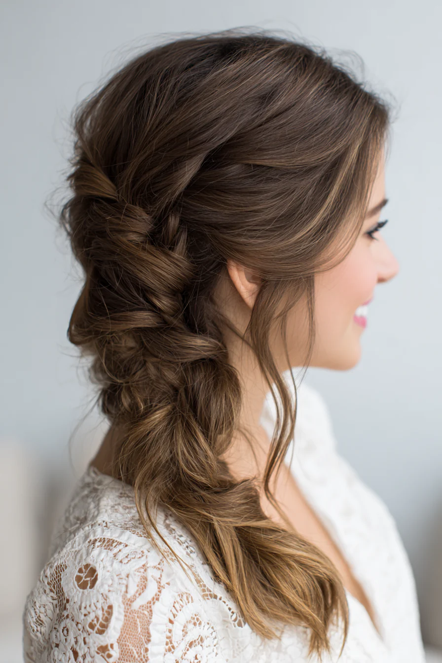 22. Unordentlicher französischer Zopf in klassischem Braun (Hochzeitsfrisuren) – Hochzeitsfrisuren