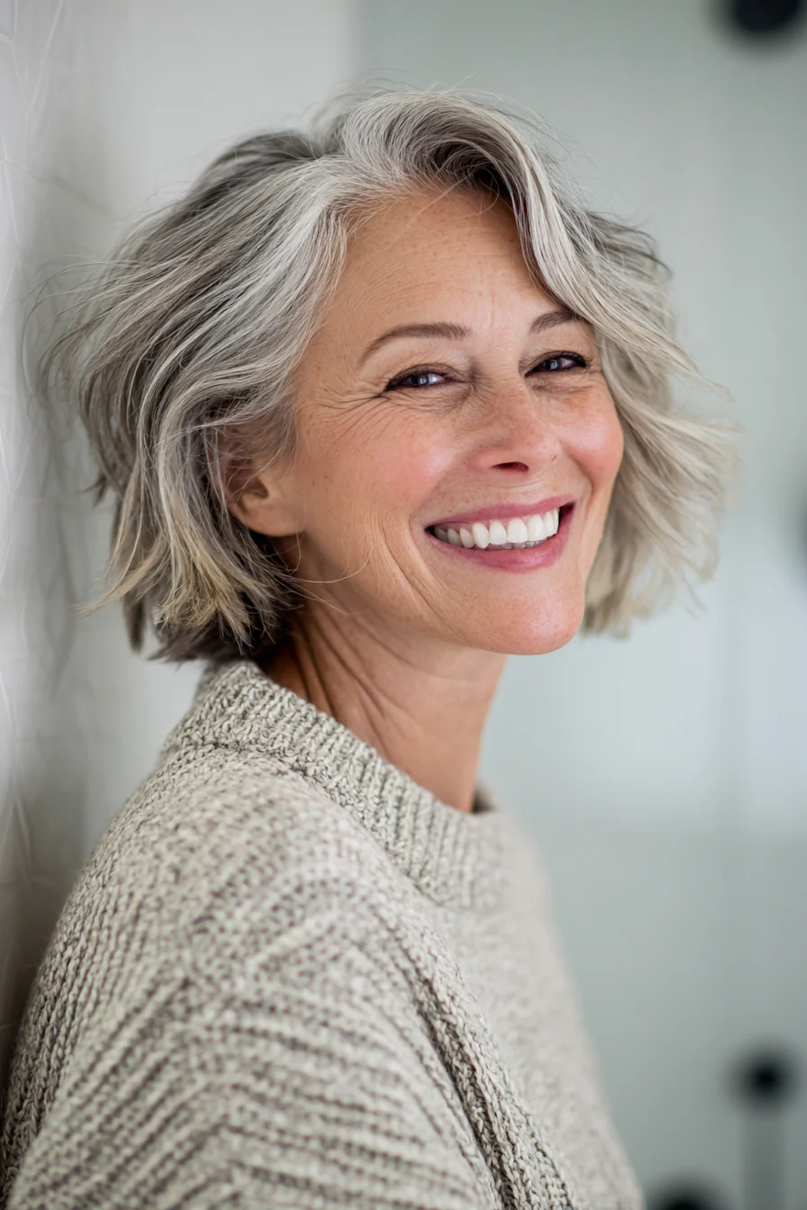 22. Micro Bob mit sanftem grauem Balayage (Haarschnitte für Frauen über 60 mit schütterem Haar) – Haarschnitte für Frauen über 60 mit schütterem Haar