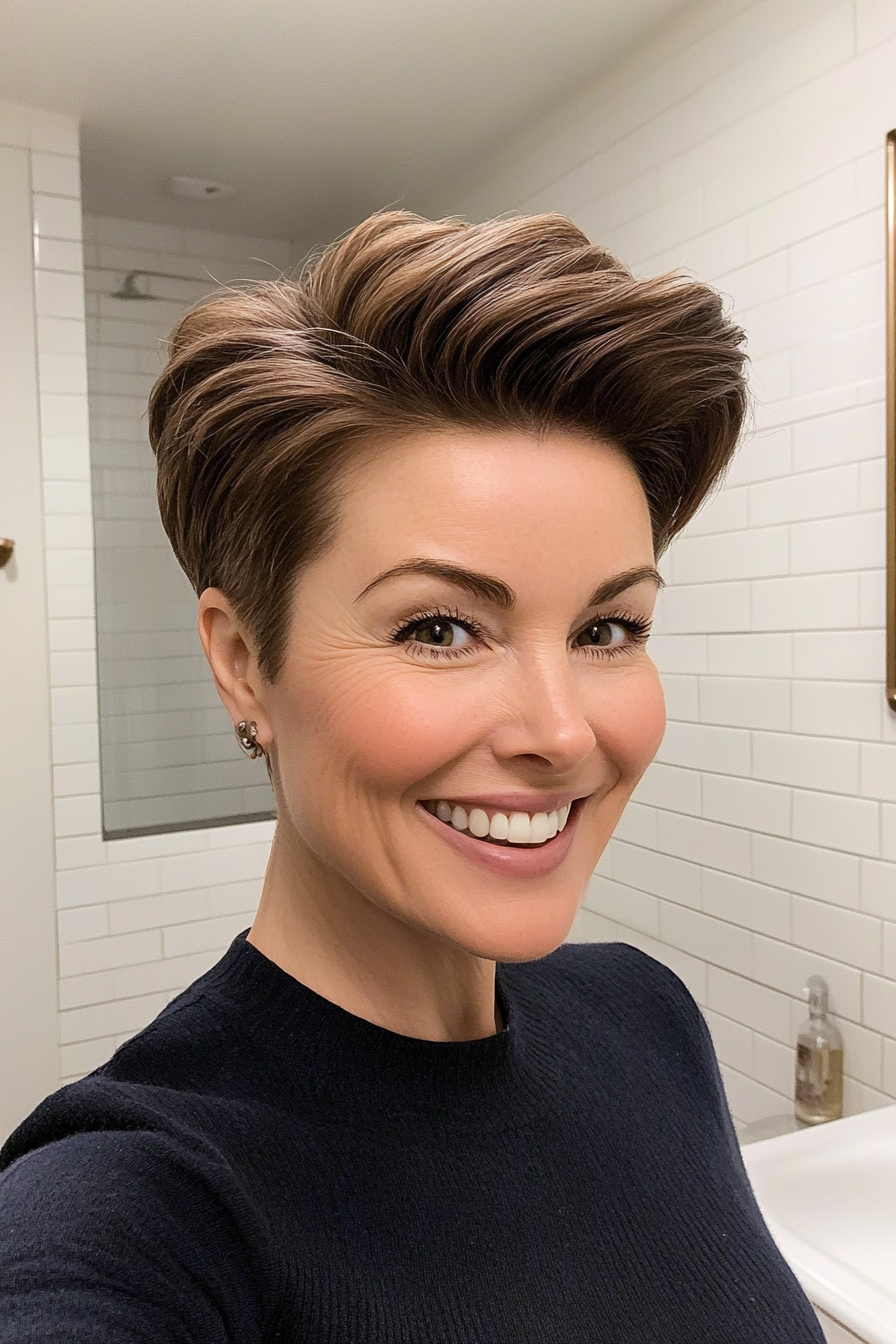 22. Mini Pompadour in coolen braunen (kurze freche Haarschnitte für ältere Frauen) - kurze freche Haarschnitte für ältere Frauen