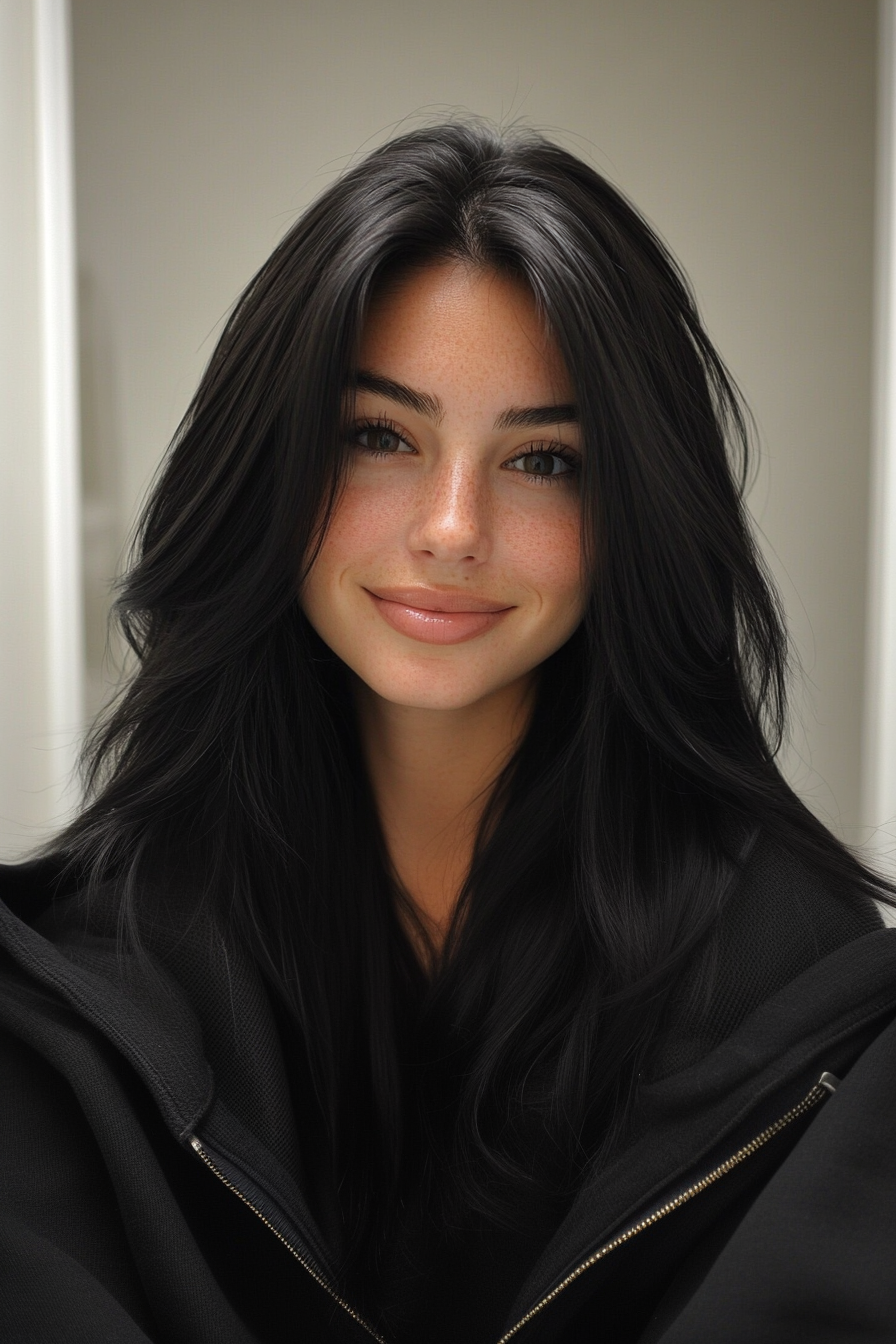 22. natürliche schwarze glänzende Schichten (lang geschichtete Haarschnitte) - lang geschichtete Haarschnitte