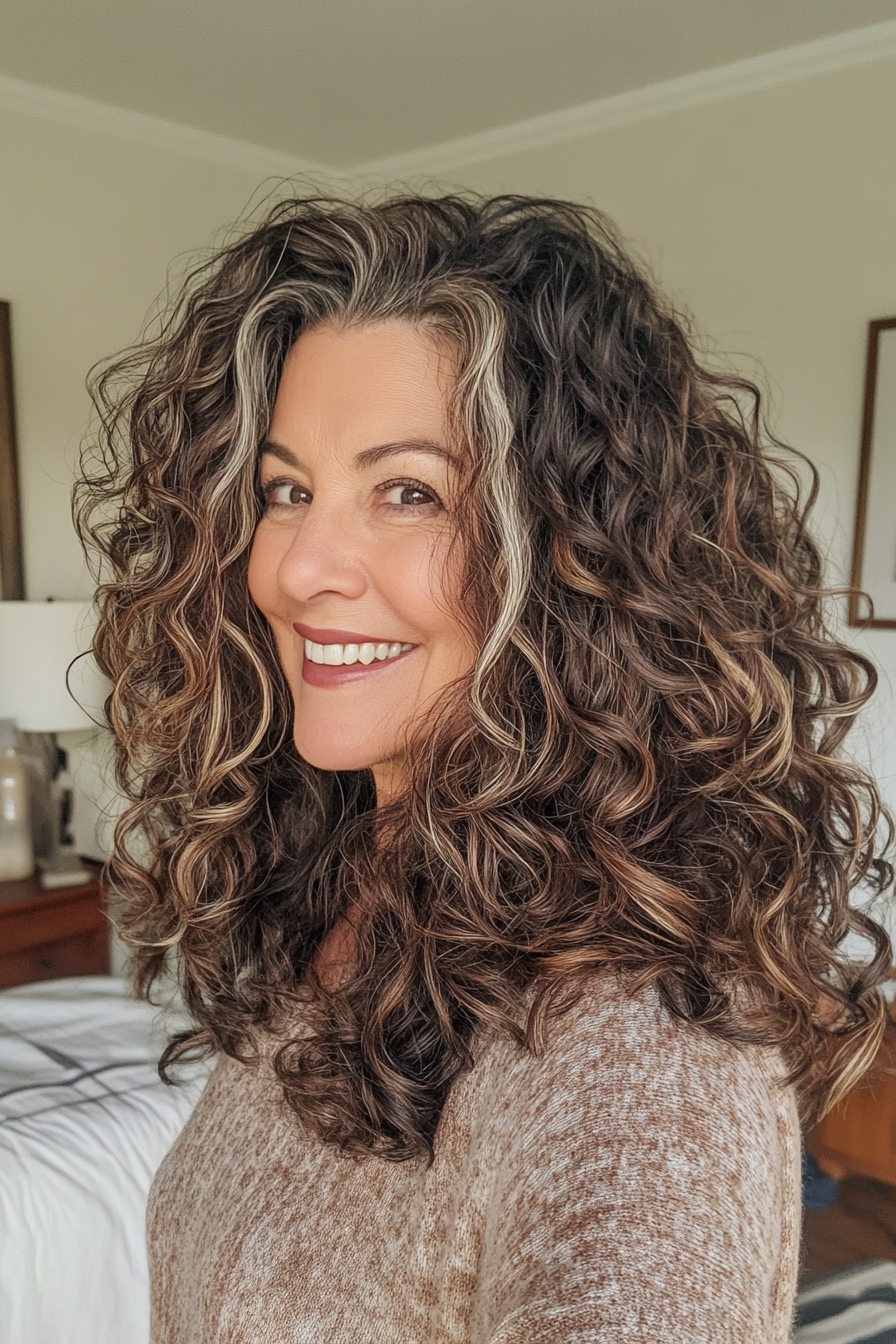 22. Natural Curly Lob mit tiefen Mokka -Lowlights (Frisuren für Frauen über 60 mit dickem Haar) - Frisuren für Frauen über 60 mit dickem Haar