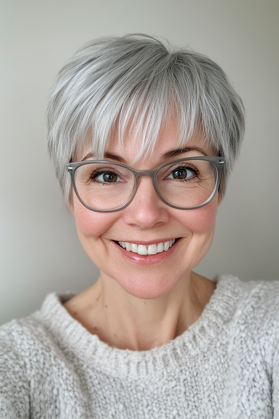 22. Platingrauer Pixie mit Fransen-Detail (Pixie-Haarschnitte für Frauen über 60 mit Brille) – Pixie-Haarschnitte für Frauen über 60 mit Brille