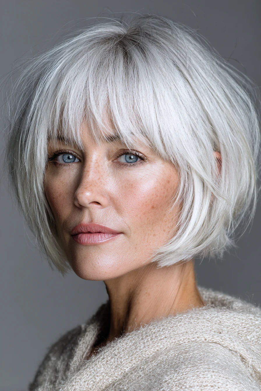 22. Platinweißer gestapelter Bob mit gefiedertem Pony (Bob-Haarschnitte mit Pony für Frauen über 50) – Bob-Haarschnitte mit Pony für Frauen über 50