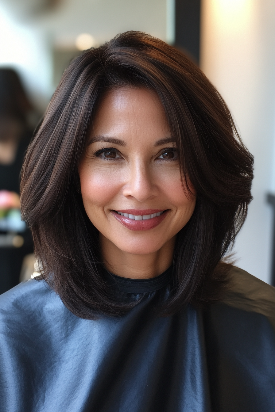 22. Rundete Lob mit dunkler Mahagoni -Tönung (einfache Haarschnitte für Frauen über 40) - einfache Haarschnitte für Frauen über 40