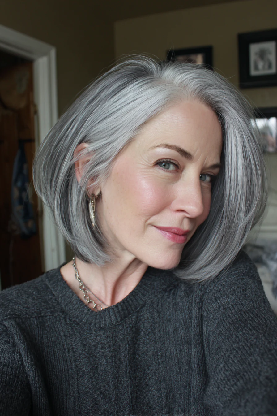 22. Geformter Bob in Stahlgrau (Bob-Frisuren für Frauen über 60 mit feinem Haar) – Bob-Frisuren für Frauen über 60 mit feinem Haar