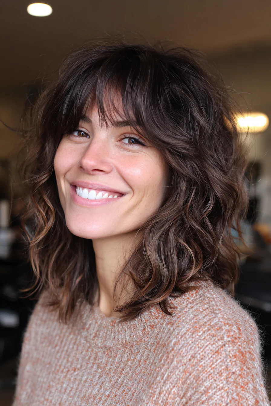 22. Shaggy Lob + Curtain Bangs (Mocha Balayage) (Mittellange Frisuren mit Pony) – Mittellange Frisuren mit Pony