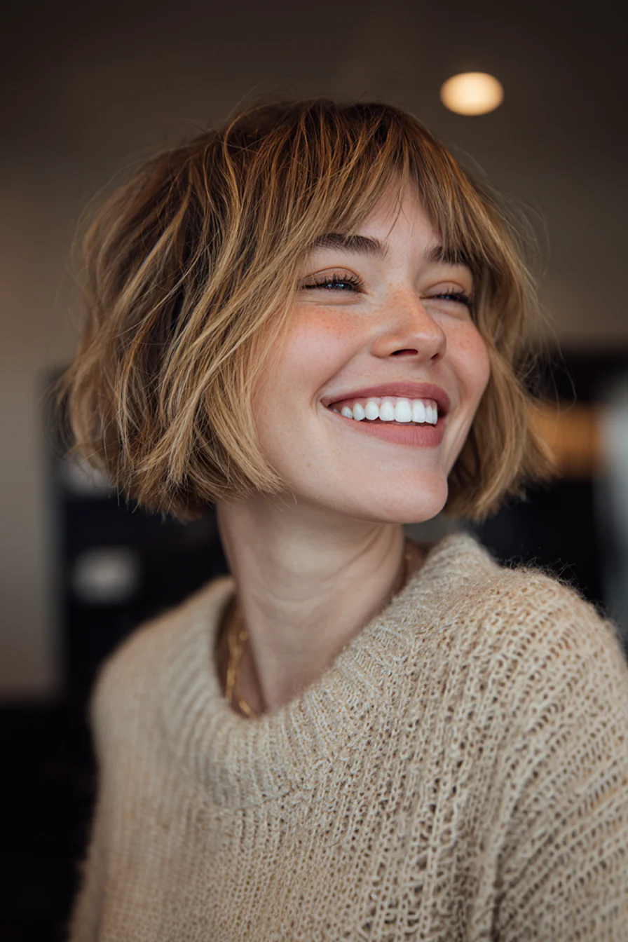 22. Shattered Bob mit Bronde Wispy Pony (Bob-Frisuren mit Pony) – Bob-Frisuren mit Pony