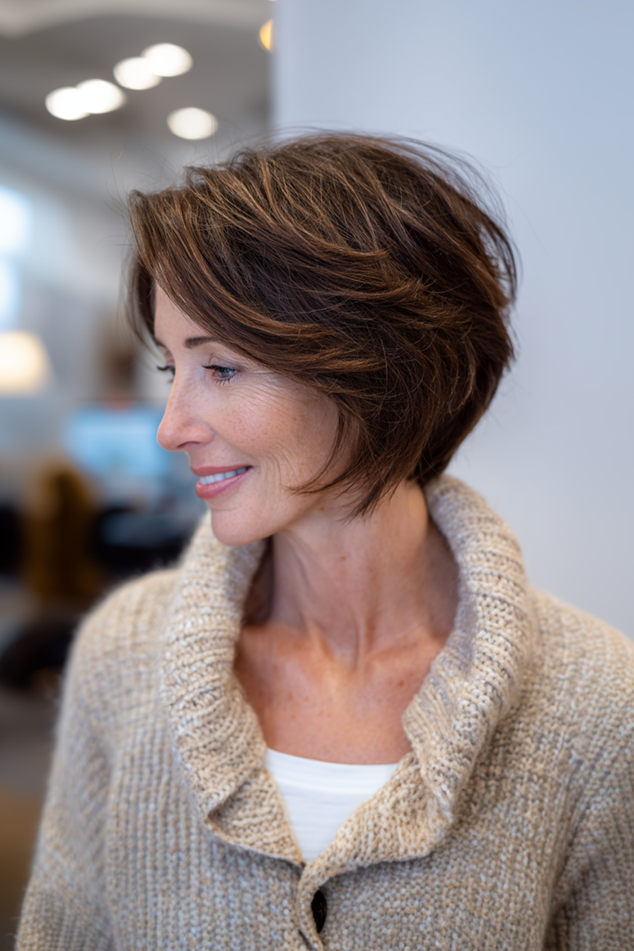 22. kurze Schichten in Bronzebraun (kurze einfache Frisuren für Frauen über 40) - kurze einfache Frisuren für Frauen über 40