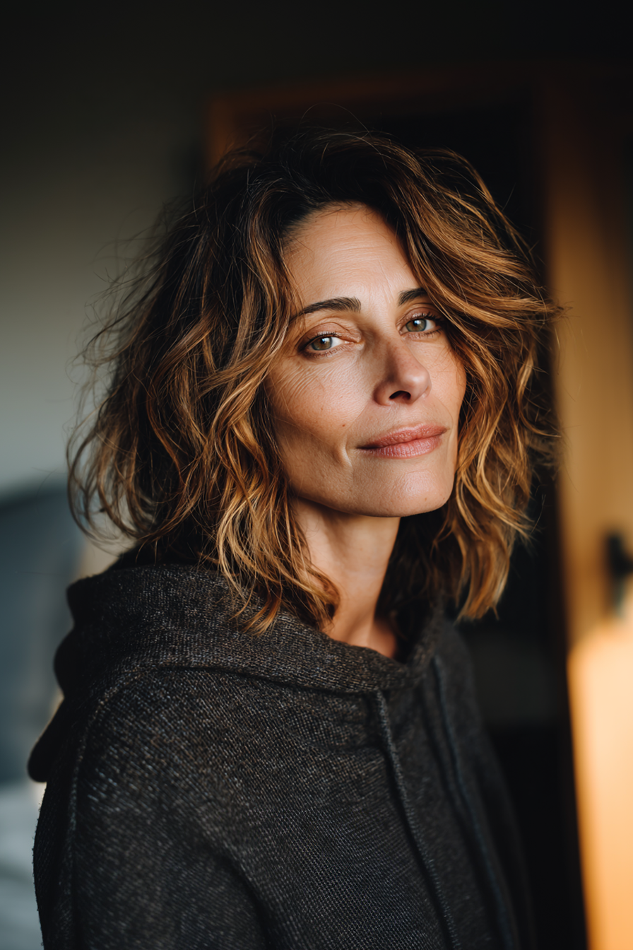 22. Schulterhütte mit sonnenbeschienener Bronzefarbe (mittelgroße geschichtete Frisuren für Frauen über 40) - mittelgroße Geschichtfrisuren für Frauen über 40