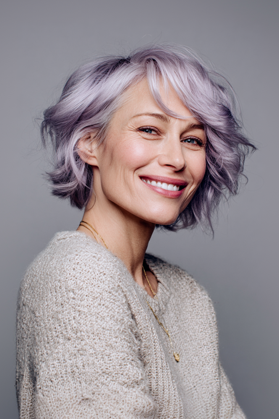 22. Seitenteils Bob in rauchiger Flieder (Kinnlänge Haarschnitte für ältere Frauen) - Haarschnitte für ältere Frauen kinnlänge