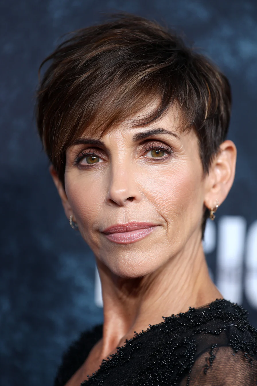 22. Side-Swept Pixie mit sanftem Naturbraun (Haarschnitte für Frauen über 50 mit dunklem Haar) – Haarschnitte für Frauen über 50 mit dunklem Haar