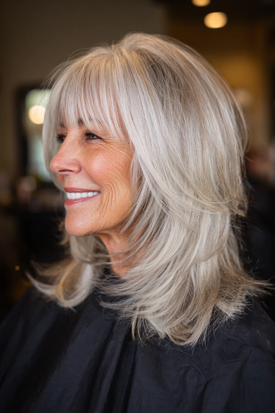 22. Silberblonder weicher Shag mit langem Pony (Edle Frisuren für Frauen über 60) – Edle Frisuren für Frauen über 60