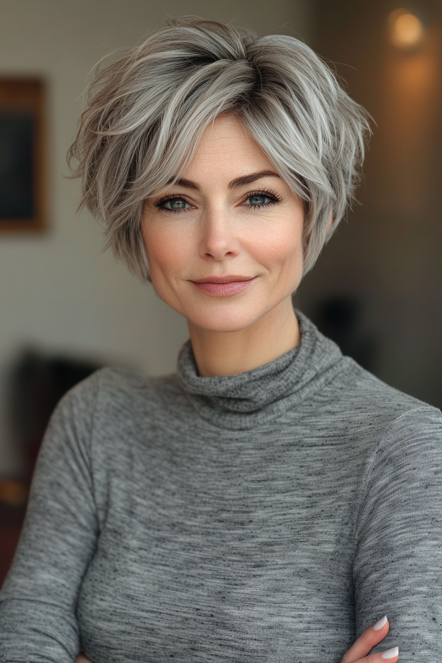 22. silbrige brünette Pixie (Pixie -Haarschnitte für Frauen über 50 mit silbernen Haaren) - Pixie -Haarschnitte für Frauen über 50 mit silbernen Haaren
