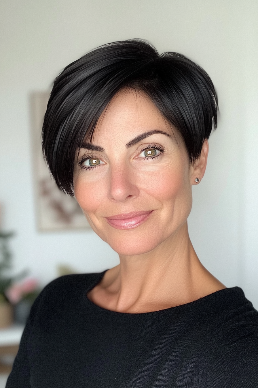 22. Schlanke Ernte in Jet Black (kurze stilvolle Frisuren für Frauen über 50) - kurze stilvolle Frisuren für Frauen über 50