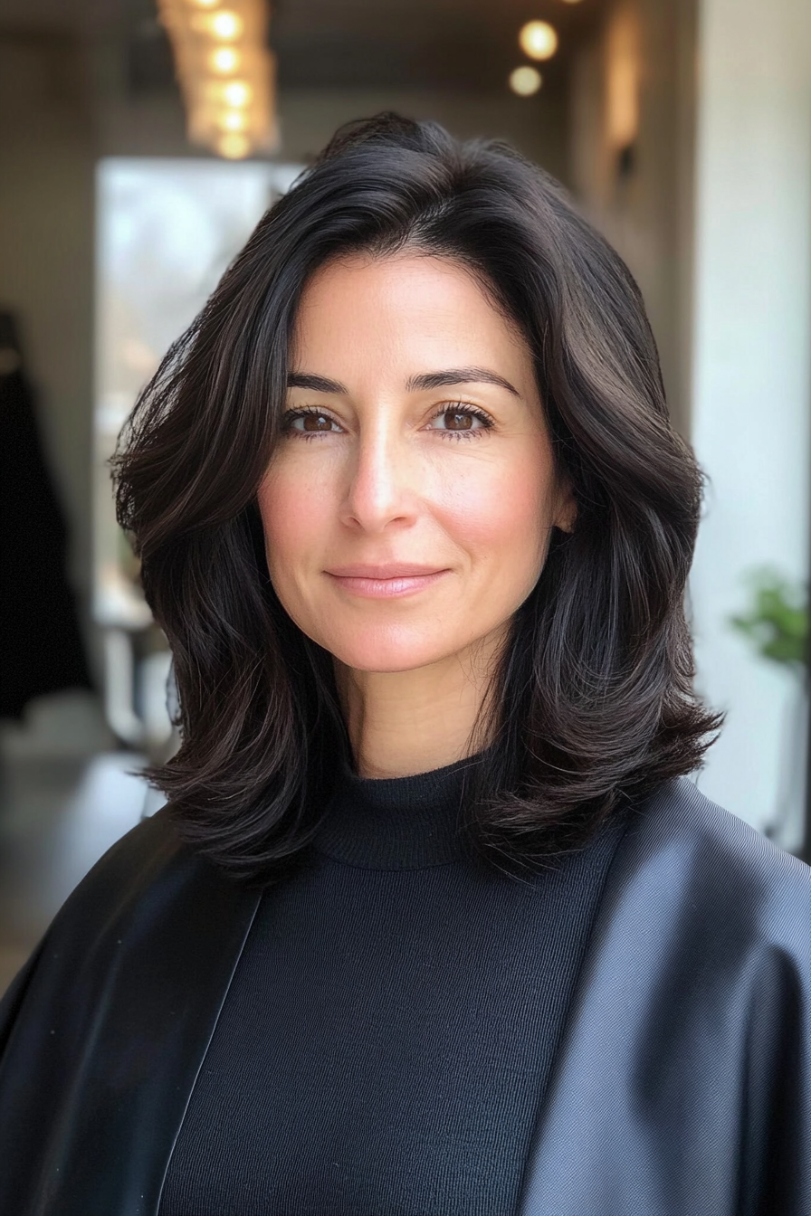 22. Weiche schwarze schulterlange Schichten (trendige Haarschnitte für Frauen über 40) - trendige Haarschnitte für Frauen über 40