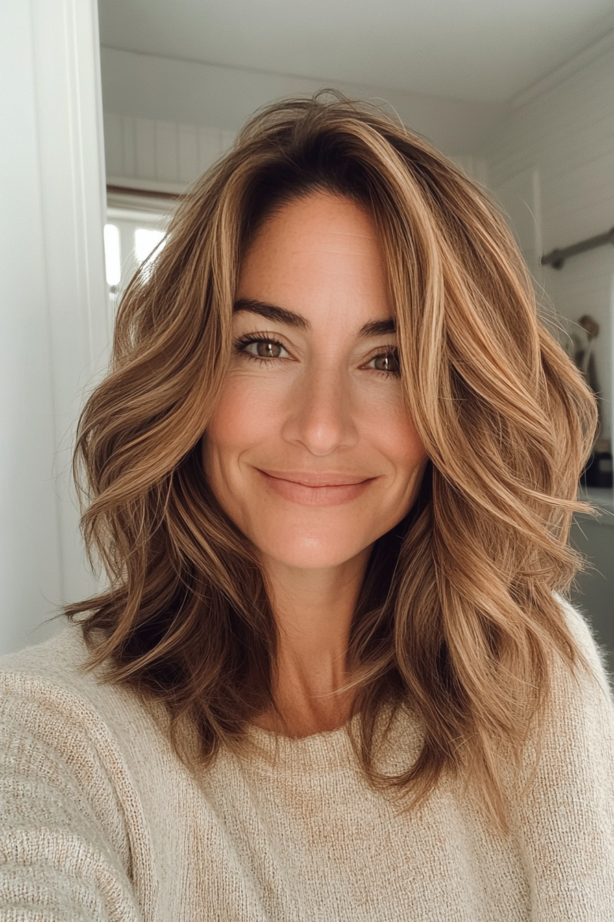 22. Weiche geschichtete Wellen mit goldbraunem (beste Haarschnitte für Frauen über 40) - beste Haarschnitte für Frauen über 40