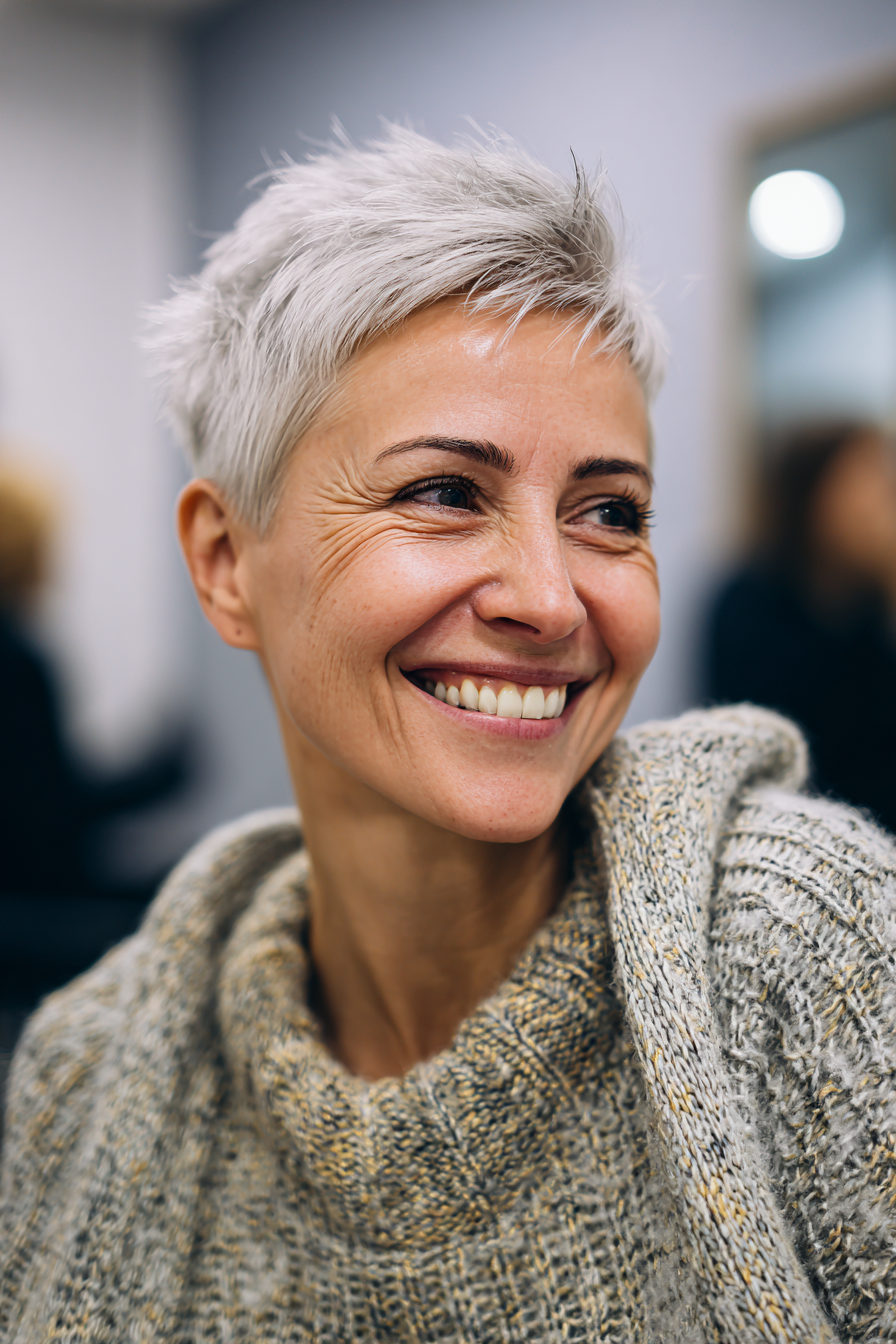 22. weiche weißgraue Pixie (graue Frisuren für Frauen über 40) - graue Frisuren für Frauen über 40