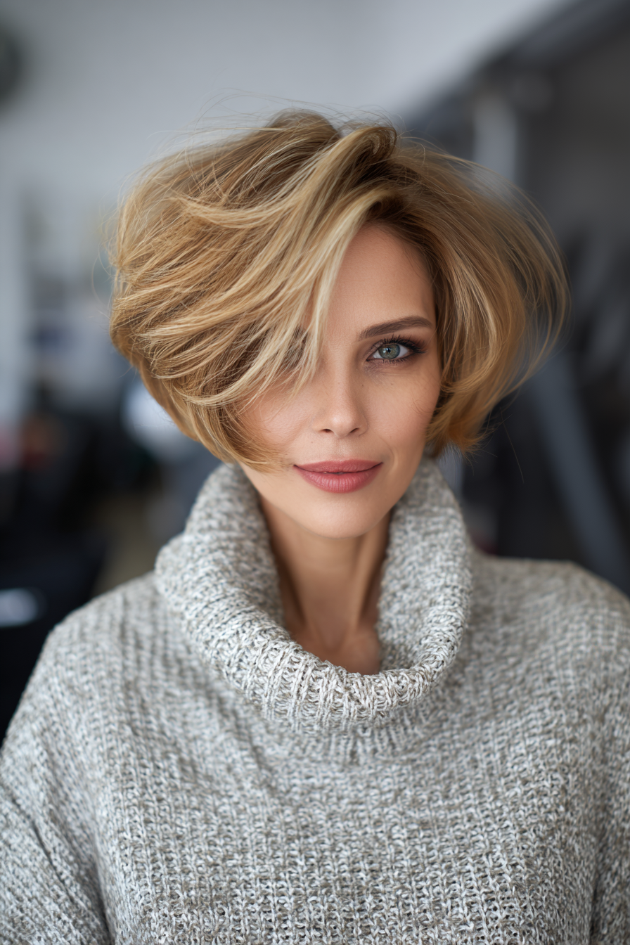 22. Stapelte Bob mit Karamellstreifen (freche Frisuren für Frauen über 40) - freche Frisuren für Frauen über 40