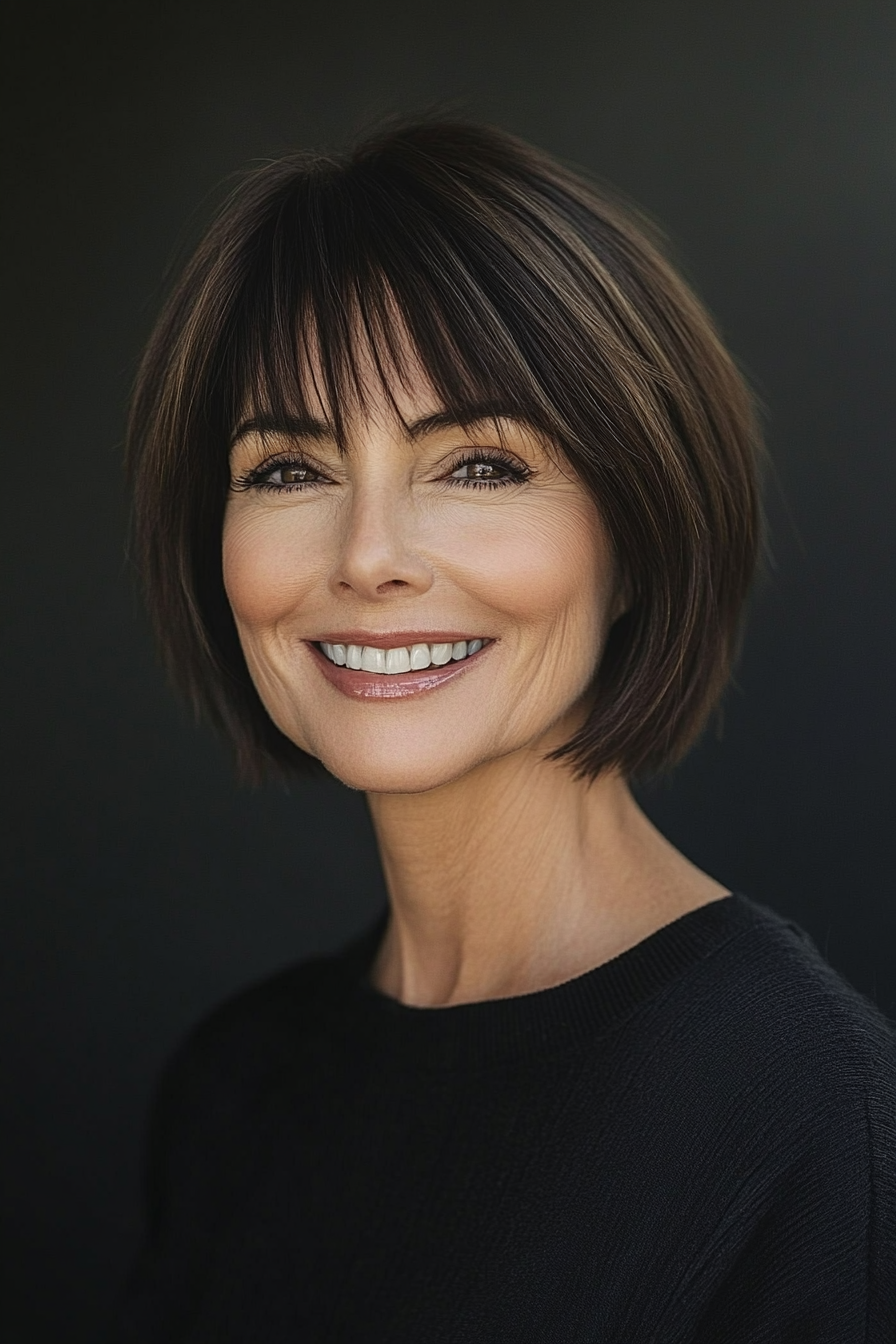 22. Straight Crop mit Fransen in warmer Brünette (kurze gerade Frisuren für ältere Frauen) - kurze, gerade Frisuren für ältere Frauen