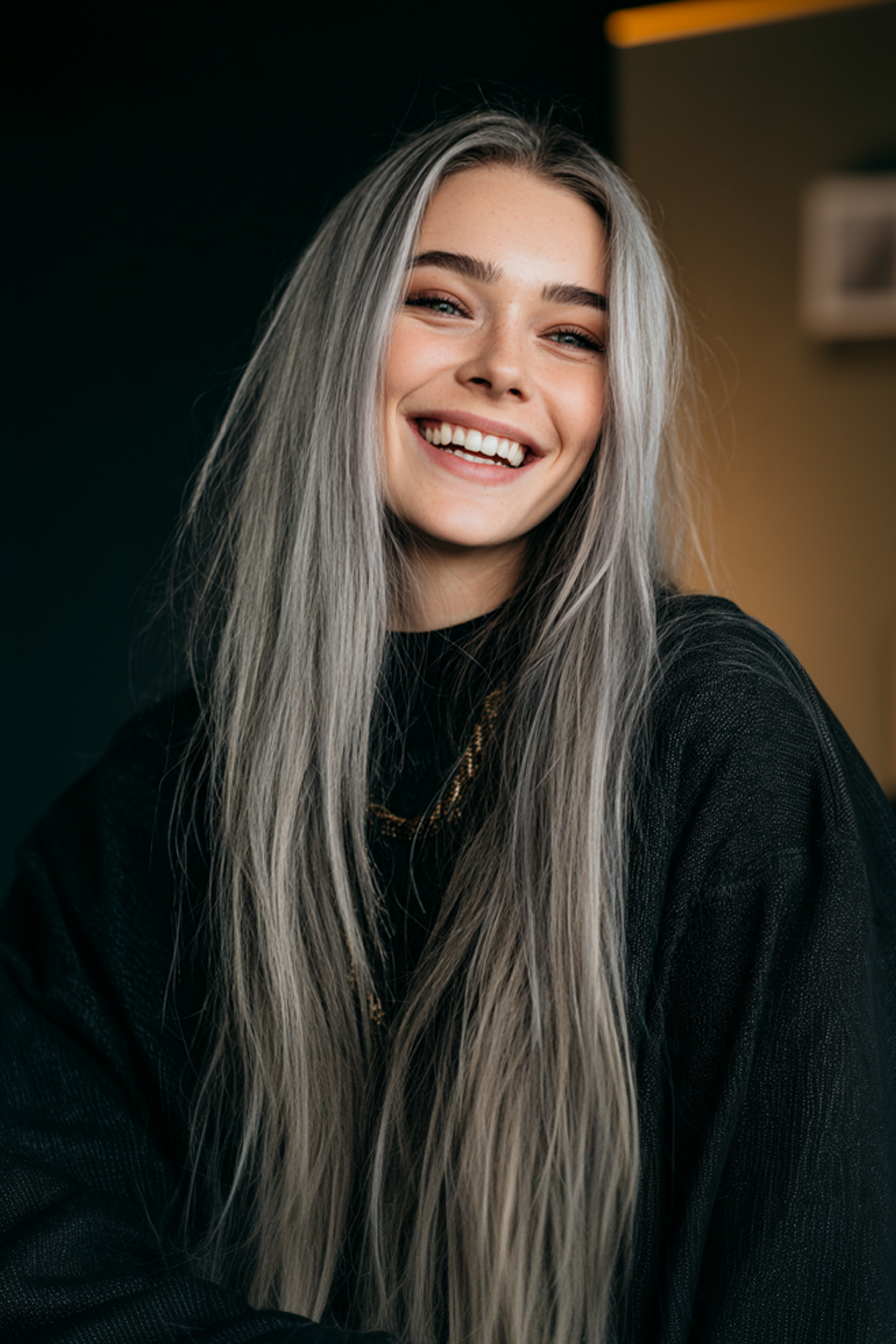 22. Straße Schichten mit rauchgrauer Farbton (lange Haarschnitte für ovales Gesicht) - lange Haarschnitte für ovales Gesichtsgesicht