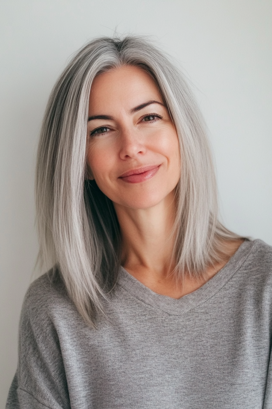 22. Straßige schulterlange mit gedämpftem silbernen Farbton (Frisuren für ältere Frauen mit grauem Haar) - Frisuren für ältere Frauen mit grauem Haar