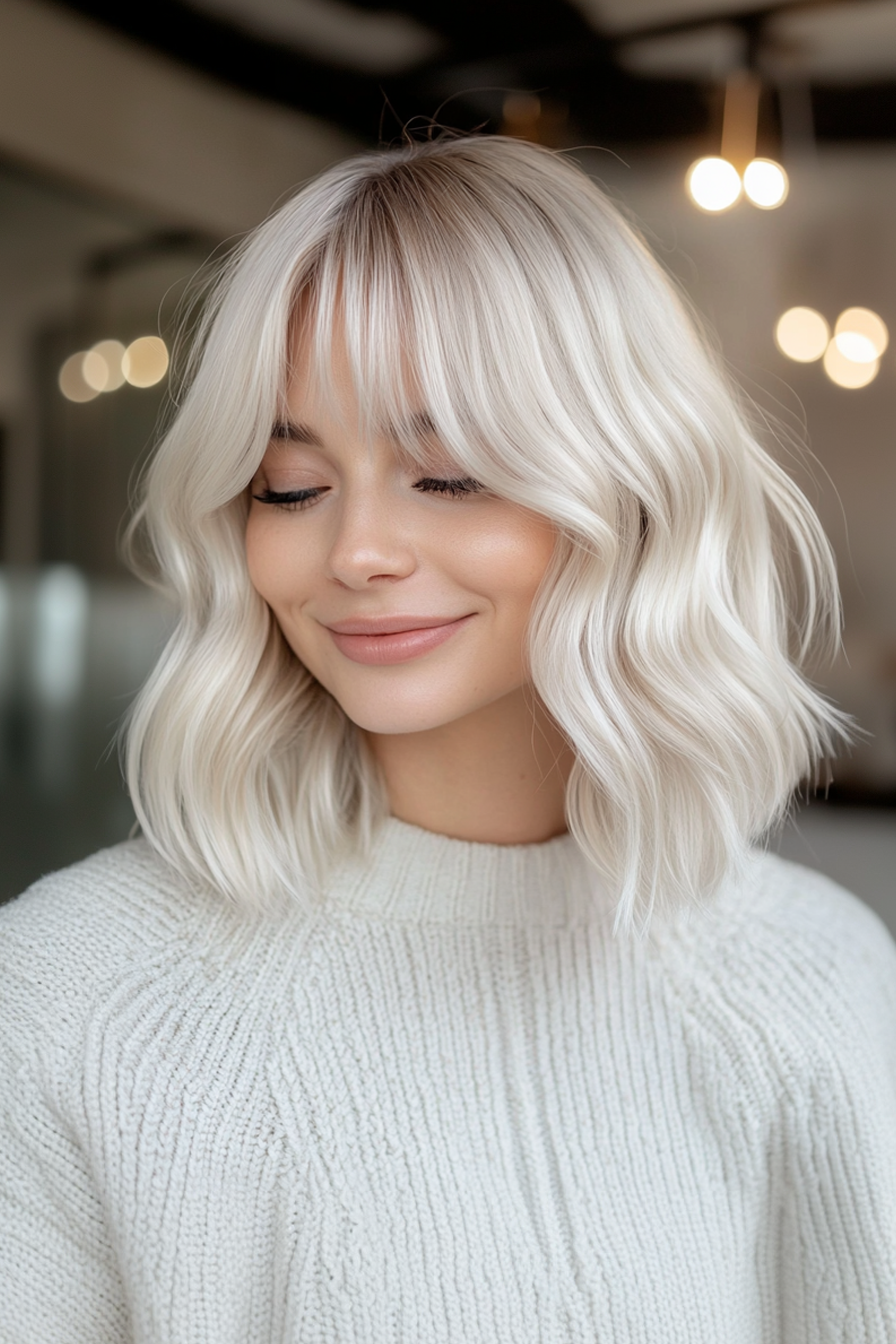 22. Subtile Wellenernte in Perlenblondine (wellige Haarschnitte mit Vorhangstücken) - wellige Haarschnitte mit Vorhangknalls