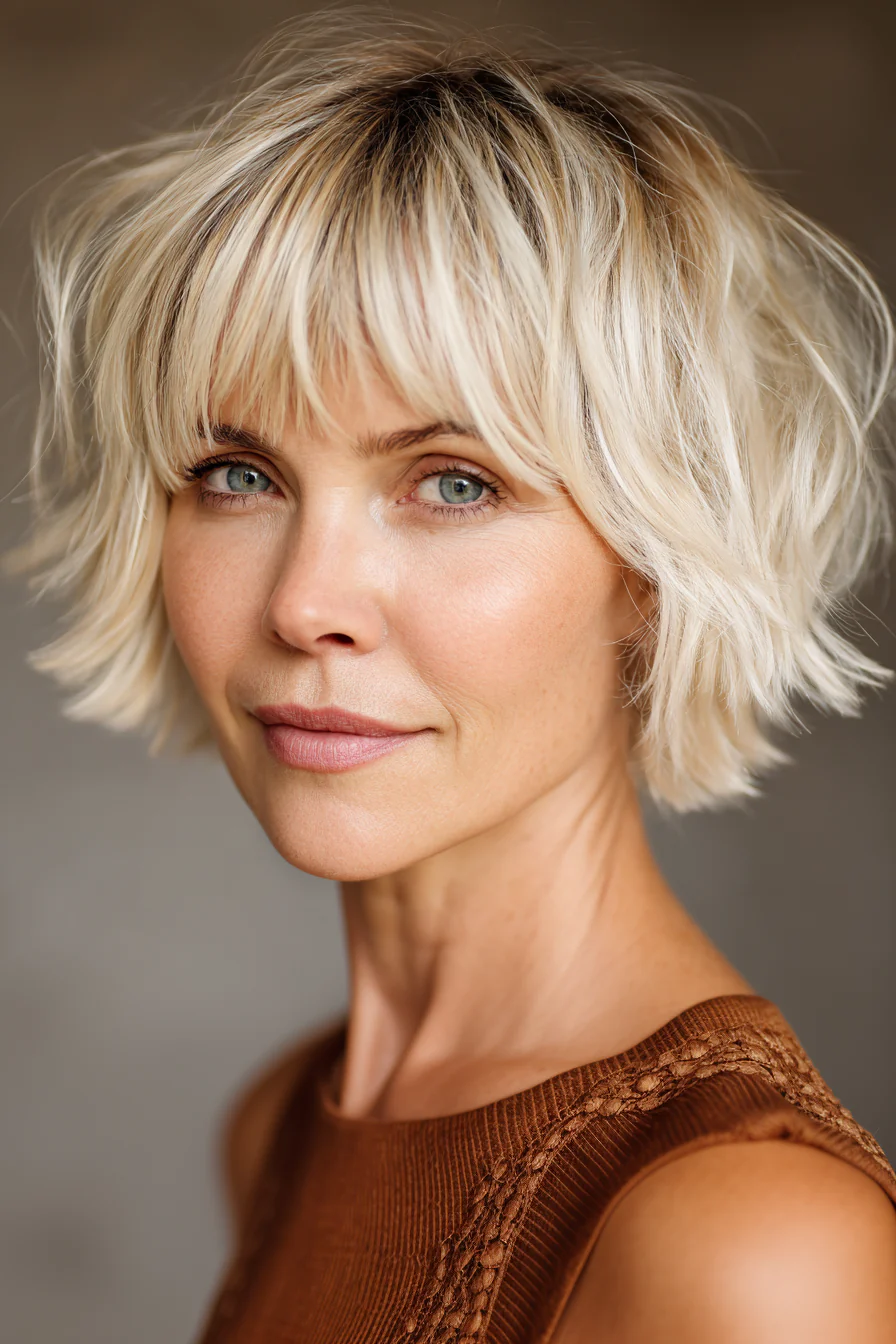 22. Sonnenbeschienener blonder Schnitt mit gebogenem Pony (Kurzhaarschnitte für Frauen über 40 mit dünnem Haar) – Kurzhaarschnitte für Frauen über 40 mit dünnem Haar