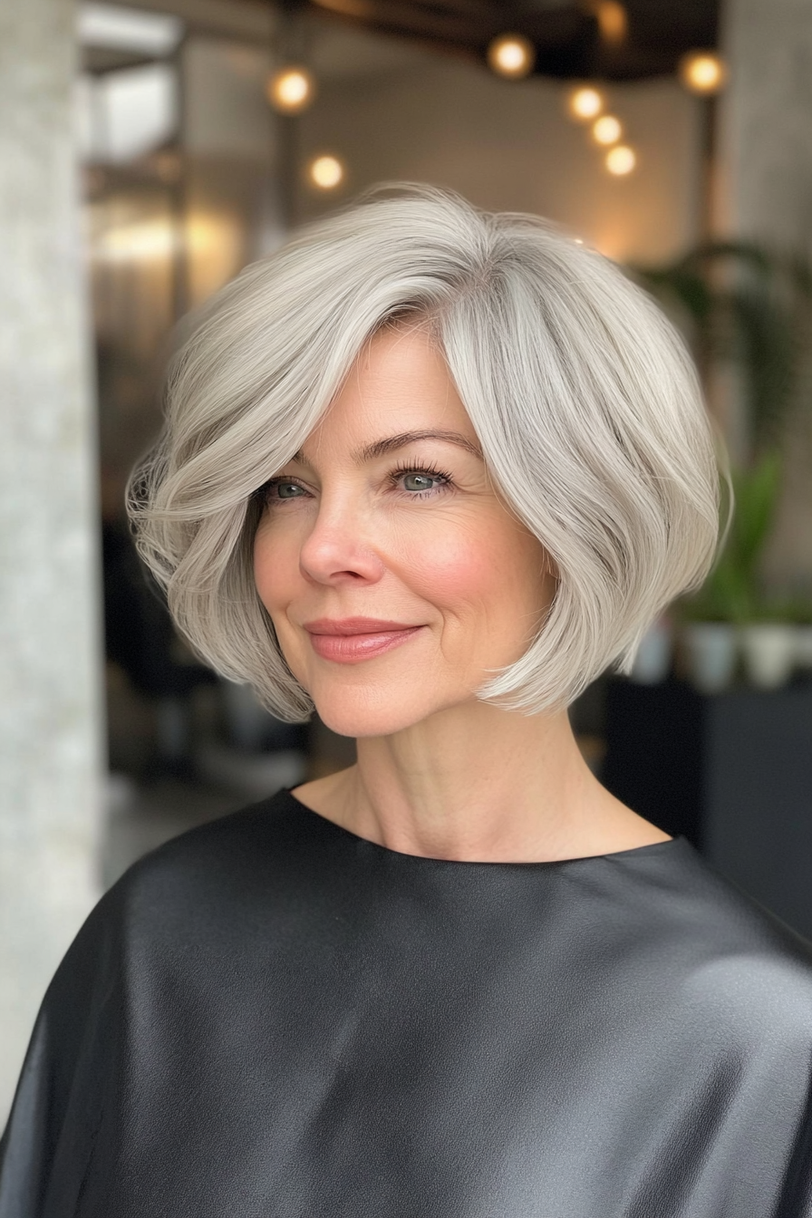 22. sich verjüngter Bob in silbriger Weiß (lockige Haarschnitte für ältere Frauen) - lockige Haarschnitte für ältere Frauen