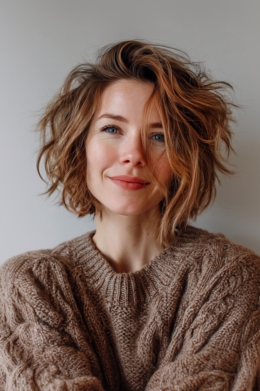 22. zerzaustes Shag mit Bronze -Karamell -Lowlights (kantige Haarschnitte für ältere Frauen) - kantige Haarschnitte für ältere Frauen