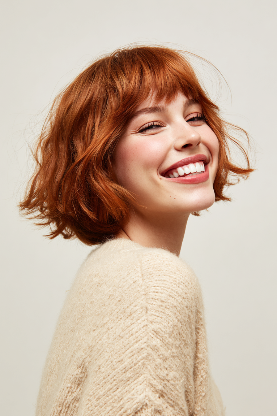 22. Volumisierter Bob mit gebogenen Pony in Sandy Auburn (kurze Bob -Frisuren mit Pony) - kurze Bob -Frisuren mit Pony