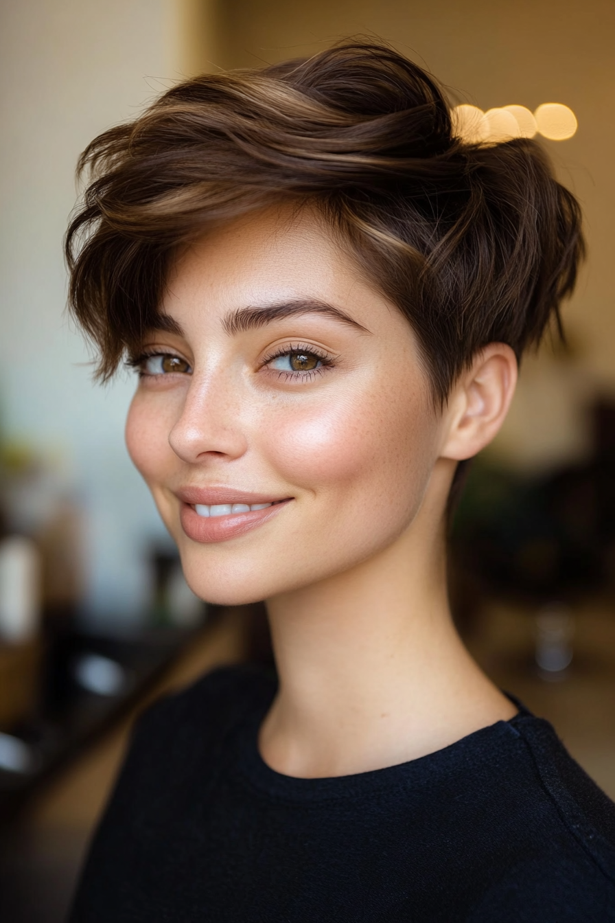 22. warme brünette Pixie (Frisuren für dickes Haar) - Frisuren für dickes Haar