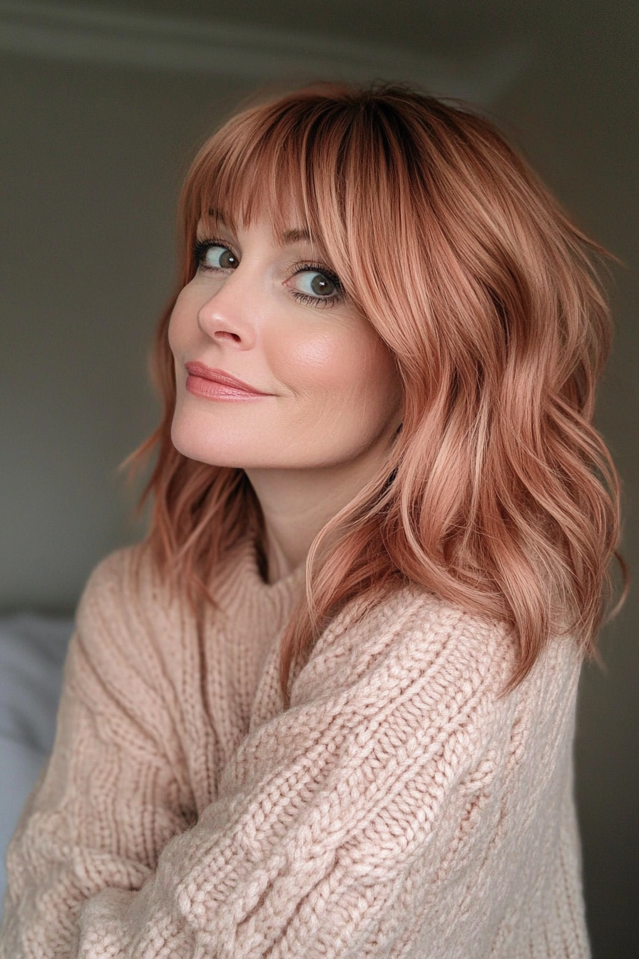 22. Wellige schulterlange geschnitten mit wispy Pony in Roségold (Haarschnitte für Frauen über 60 mit Pony) - Haarschnitte für Frauen über 60 mit Pony