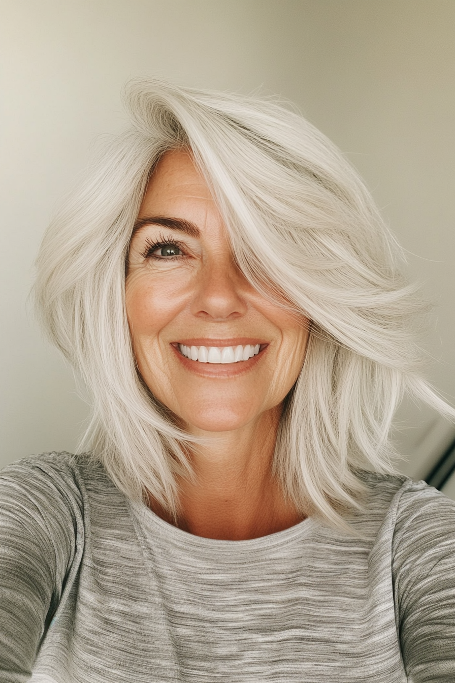 22. Weiß geschichtter Bob mit tiefen Seitenteil (kantige Frisuren für Frauen über 60) - kantige Frisuren für Frauen über 60