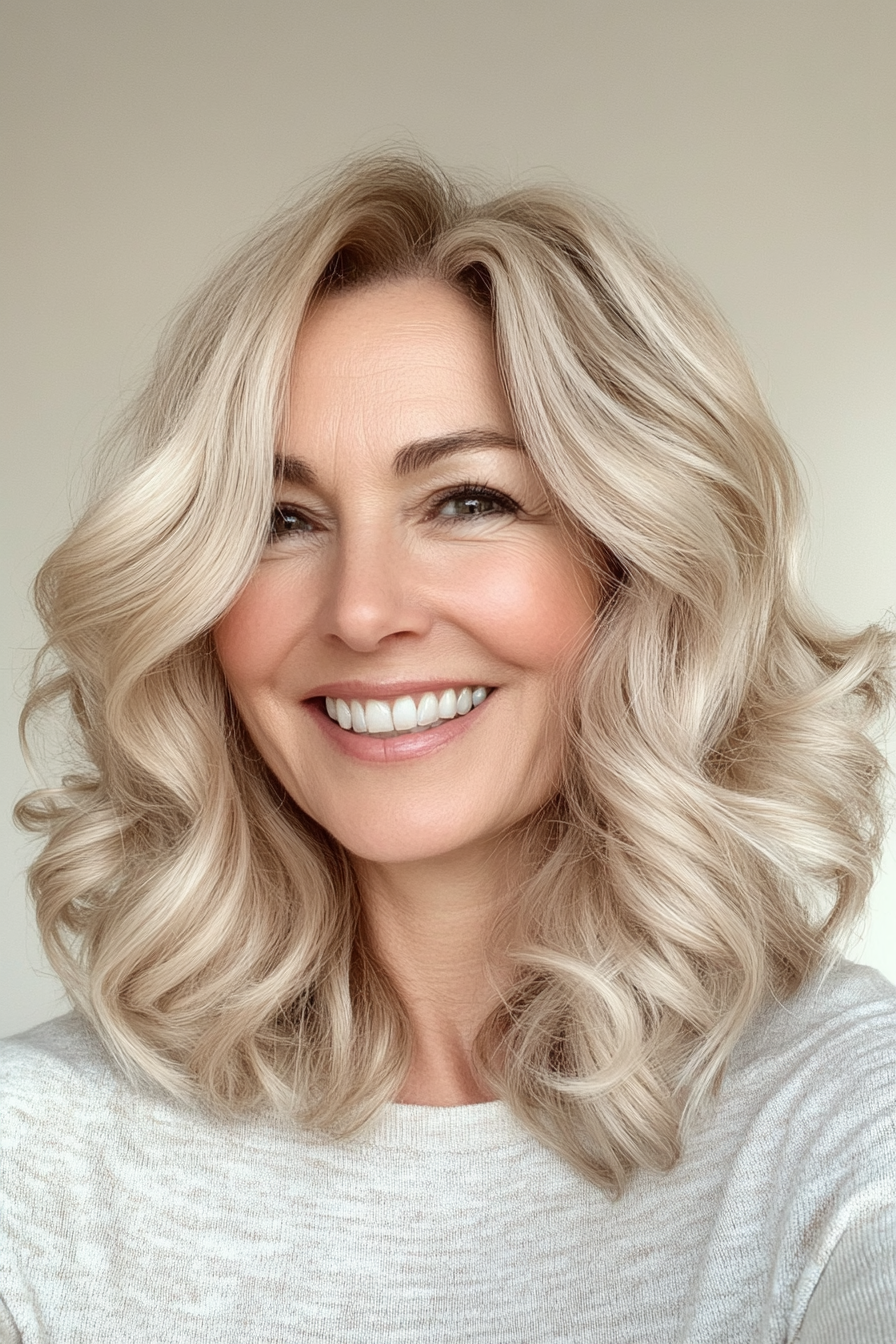 23. Beige Blonde weiche Lockenschulter geschnitten (neue Frisuren für Frauen über 50) - Neue Frisuren für Frauen über 50