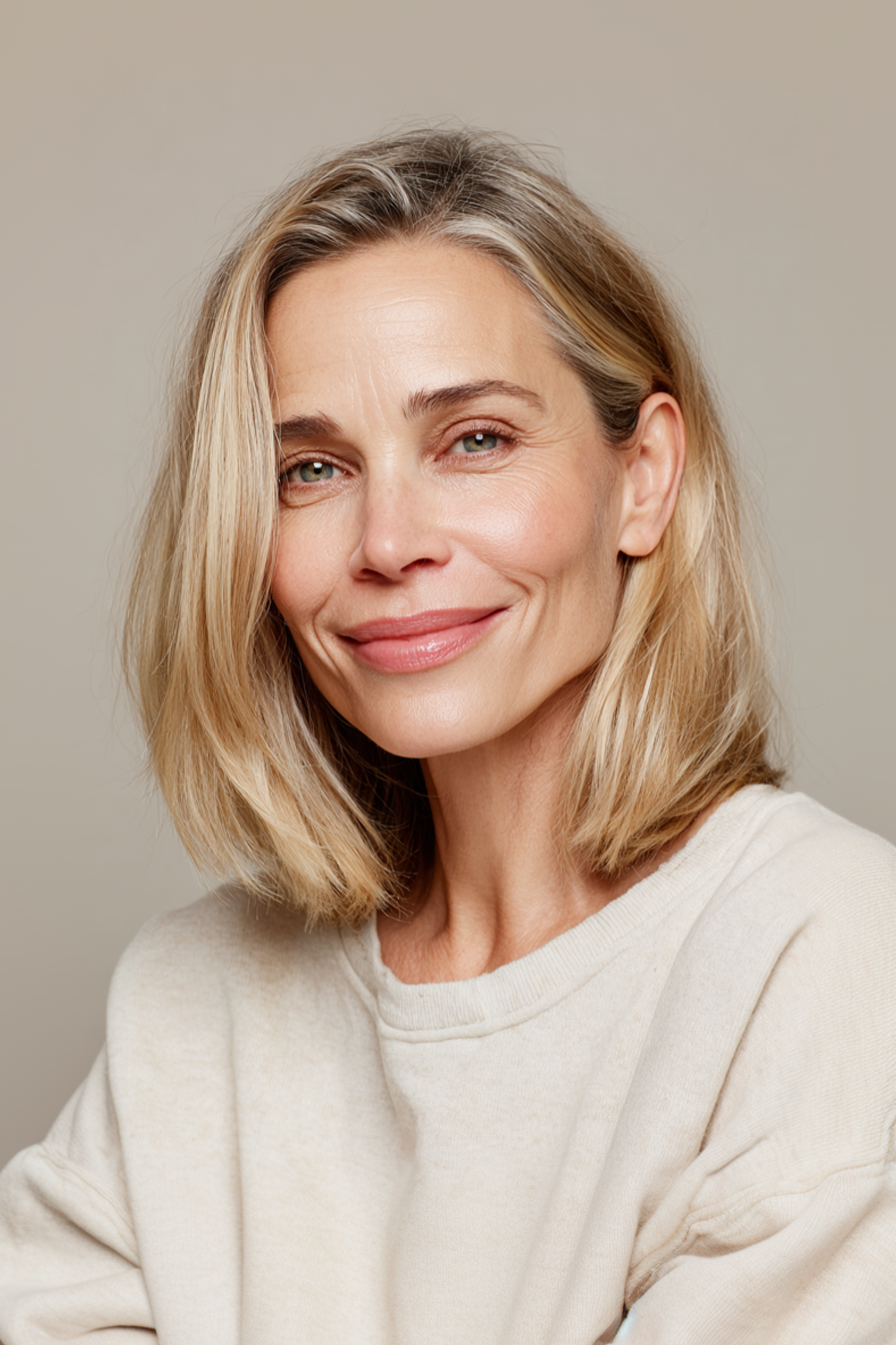 23. Stumpfe Lob mit butterigen blonden Tönen (Sommerfrisuren für Frauen über 50) - Sommerfrisuren für Frauen über 50