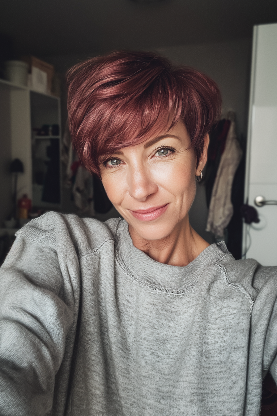 23. Burgunderpixie mit Seitenknalls (kurze Pixie -Frisuren für ältere Frauen) - kurze Pixie -Frisuren für ältere Frauen