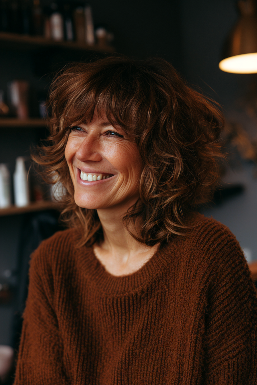 23. Kastaniennuss -sich verjüngter Shag (Frisuren für ältere Frauen mit welligem Haar) - Frisuren für ältere Frauen mit welligem Haar