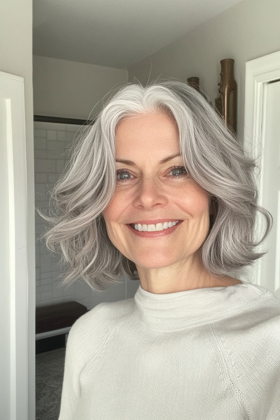 23. Klassische Ernte in weichem Grau (Haarschnitte für Frauen über 60 mit welligen Haaren) - Haarschnitte für Frauen über 60 mit welligen Haaren