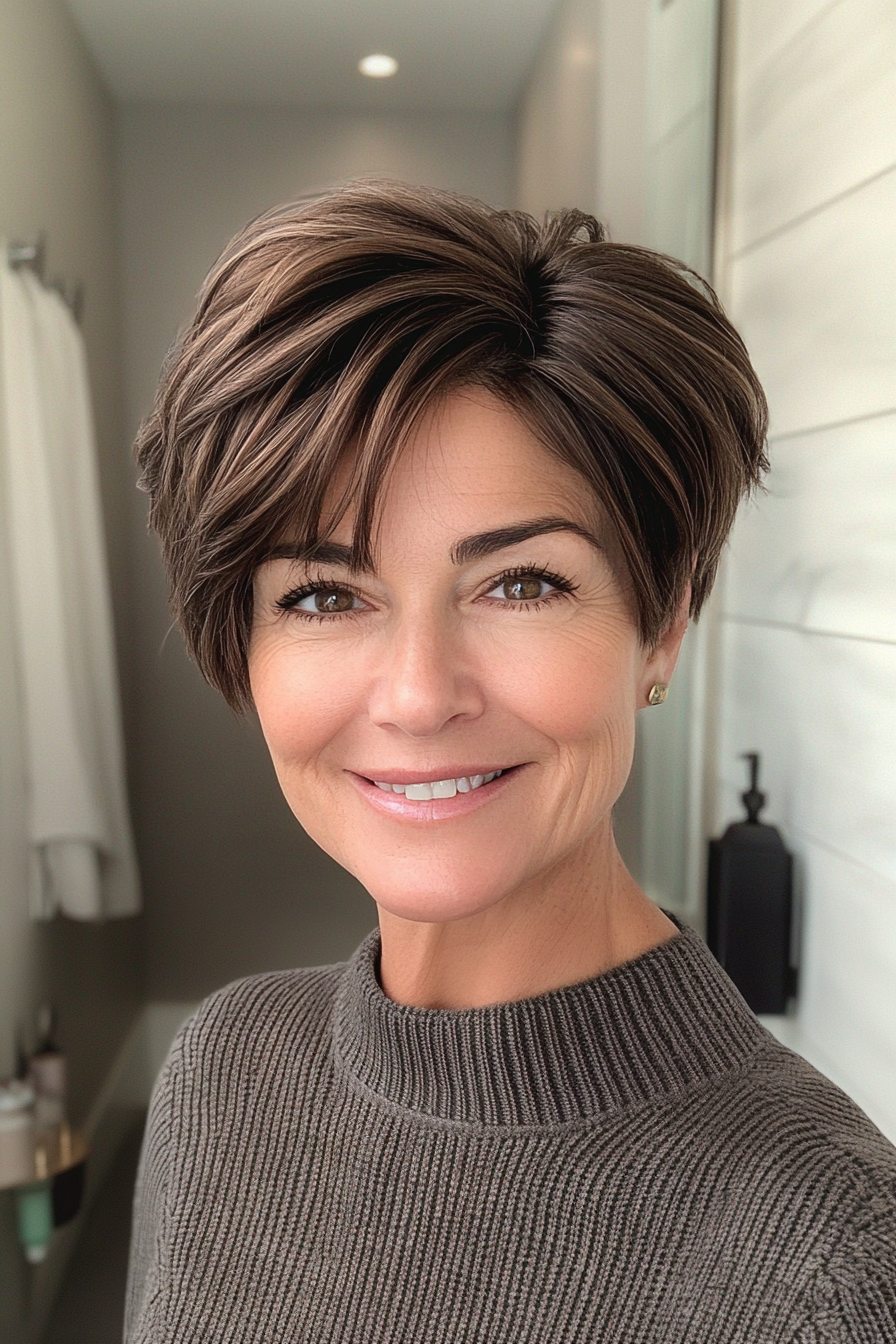 23. Coole Brünette Angularpixie (kantige Frisuren für Frauen über 60) - kantige Frisuren für Frauen über 60