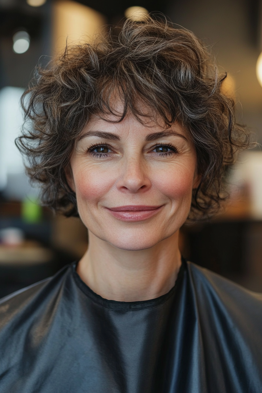 23. Kruppierte Locken mit natürlichen Salz und Pfeffer (einfache Haarschnitte für Frauen über 40) - einfache Haarschnitte für Frauen über 40