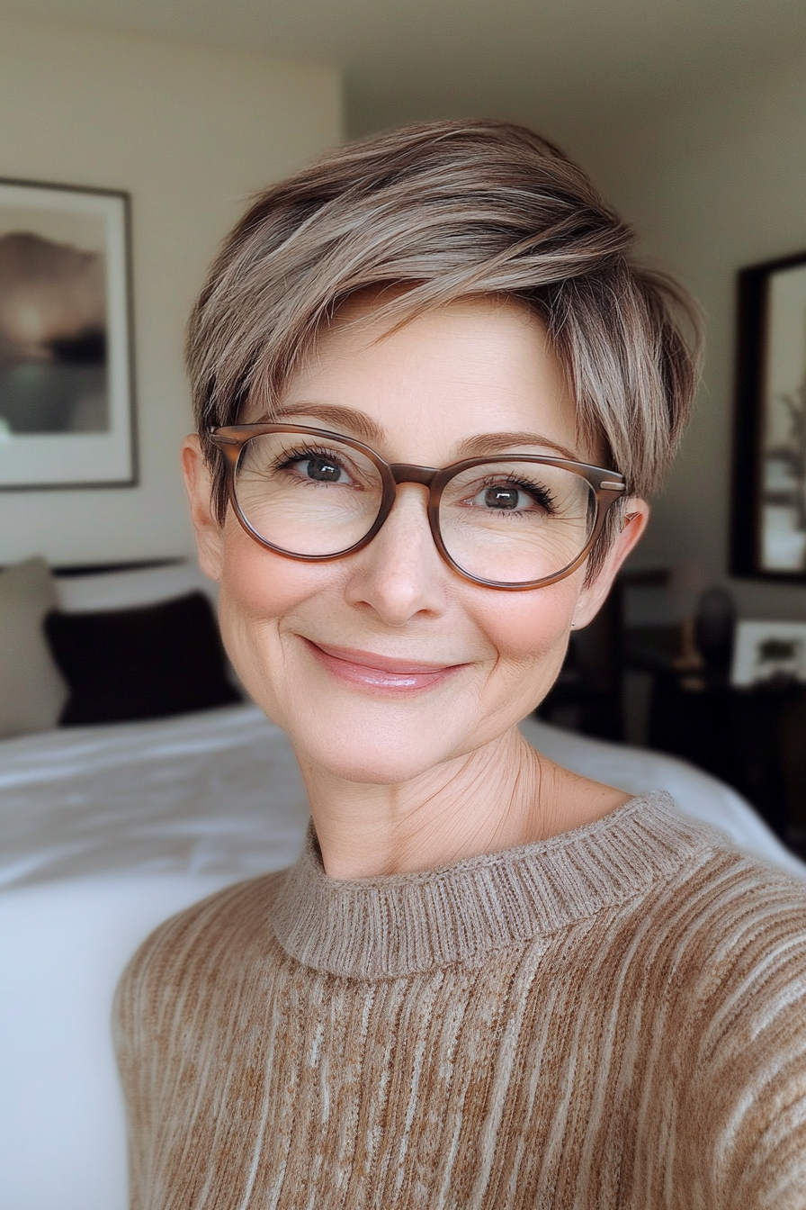 23. Kochte Mokka -Pixie mit Fransen (Pixie -Haarschnitte für Frauen über 50 mit Brillen) - Pixie -Haarschnitte für Frauen über 50 mit Brillen