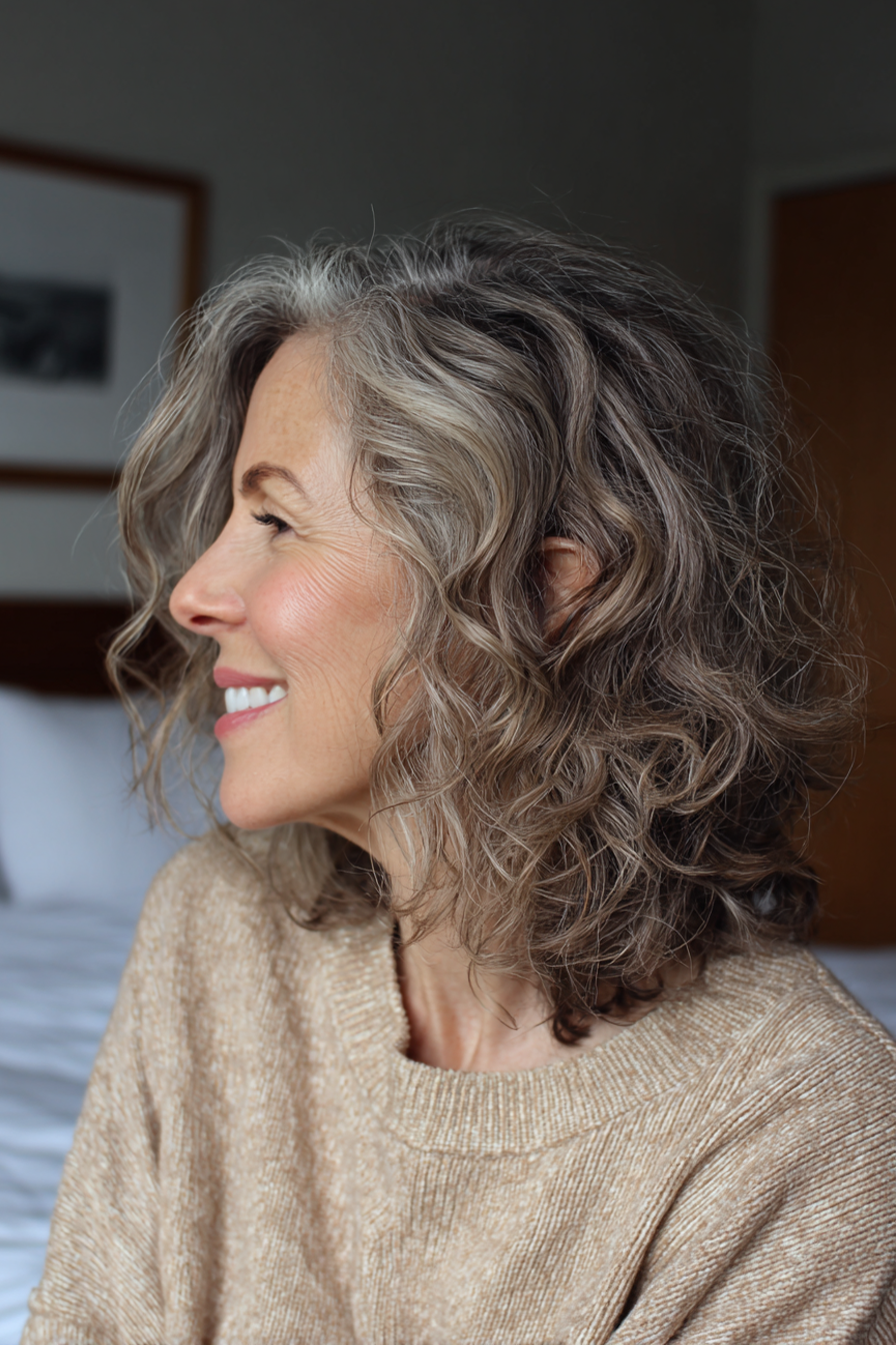 23. Curly -End -Lob mit hellbrauner (mittlerer Frisuren für ältere Frauen mit welligem Haar) - mittelgroße Frisuren für ältere Frauen mit welligem Haar