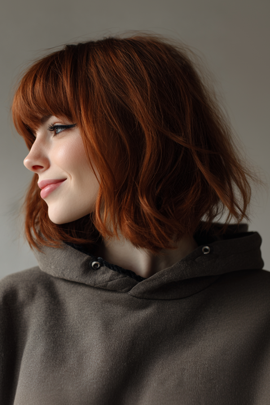 23. gebogener Lob mit Mahagoni -Pony (lange Bob -Frisuren mit Pony) - lange Bob -Frisuren mit Pony