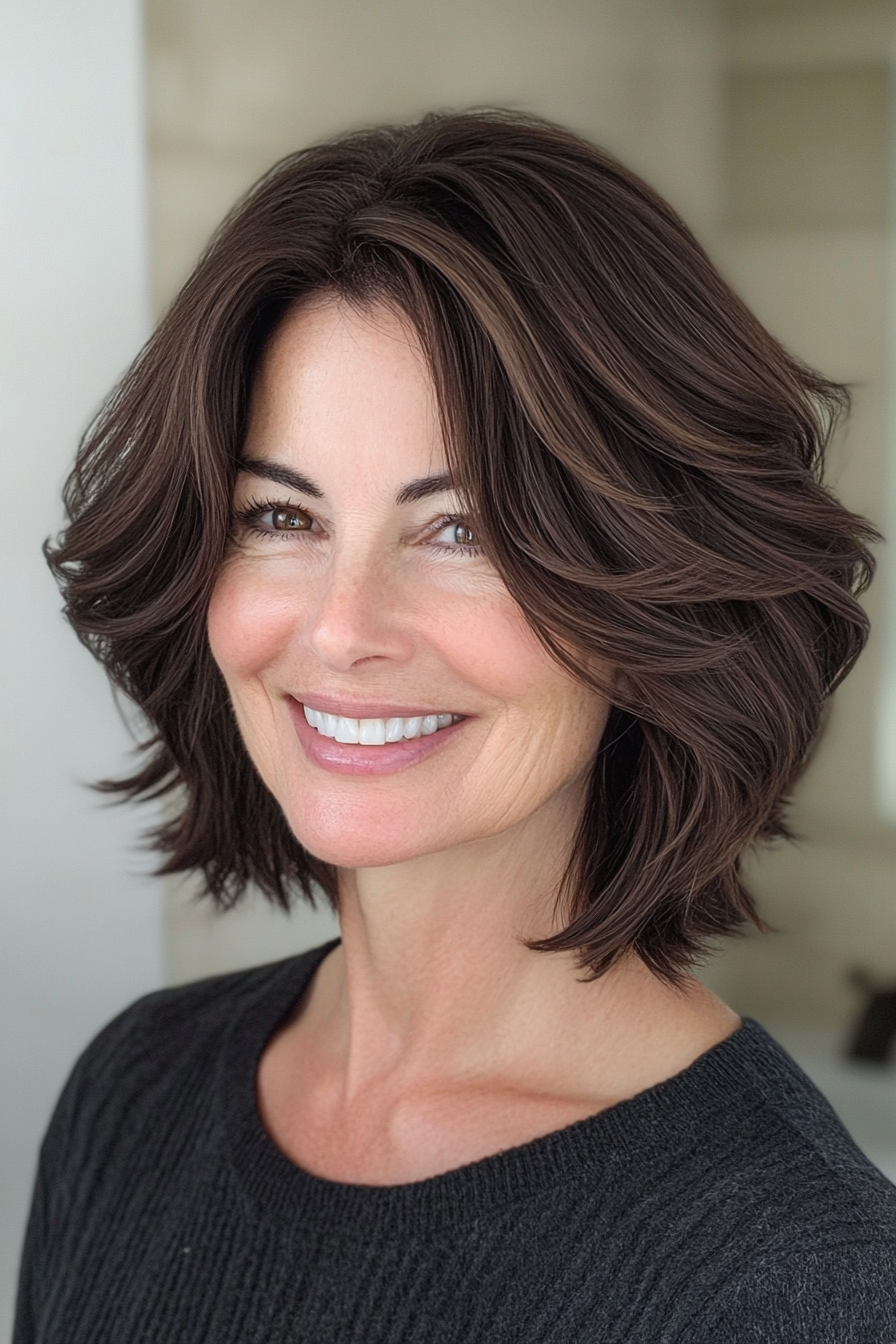 23. Dark Schokoladenkinnlänge Shag (zottelige Frisuren für Frauen über 50) - Shaggy Frisuren für Frauen über 50