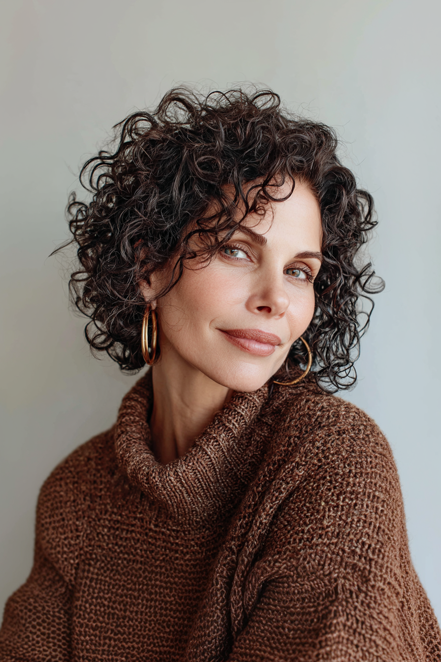 23. Deva -Cut -Lob mit dunklen Schokoladentönen (Frisuren für Frauen über 40 mit lockigem Haar) - Frisuren für Frauen über 40 mit lockigem Haar