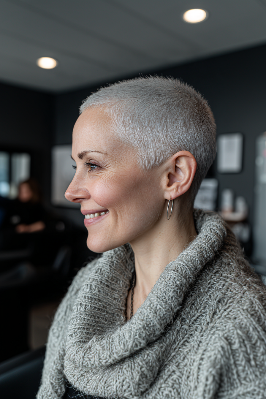 23. Easy Buzz Cut in Platin -Silber (kurze einfache Frisuren für Frauen über 40) - kurze einfache Frisuren für Frauen über 40